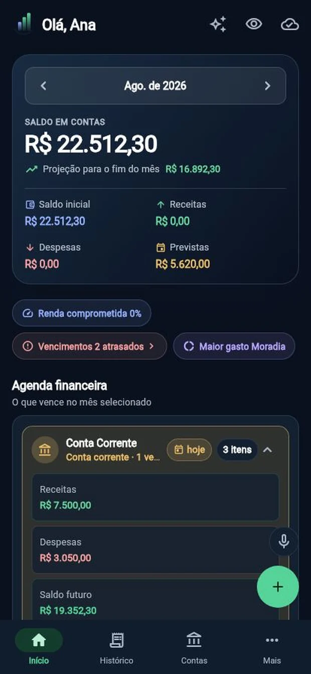 Dashboard do HopeCash mostrando saldo, previsões e agenda financeira