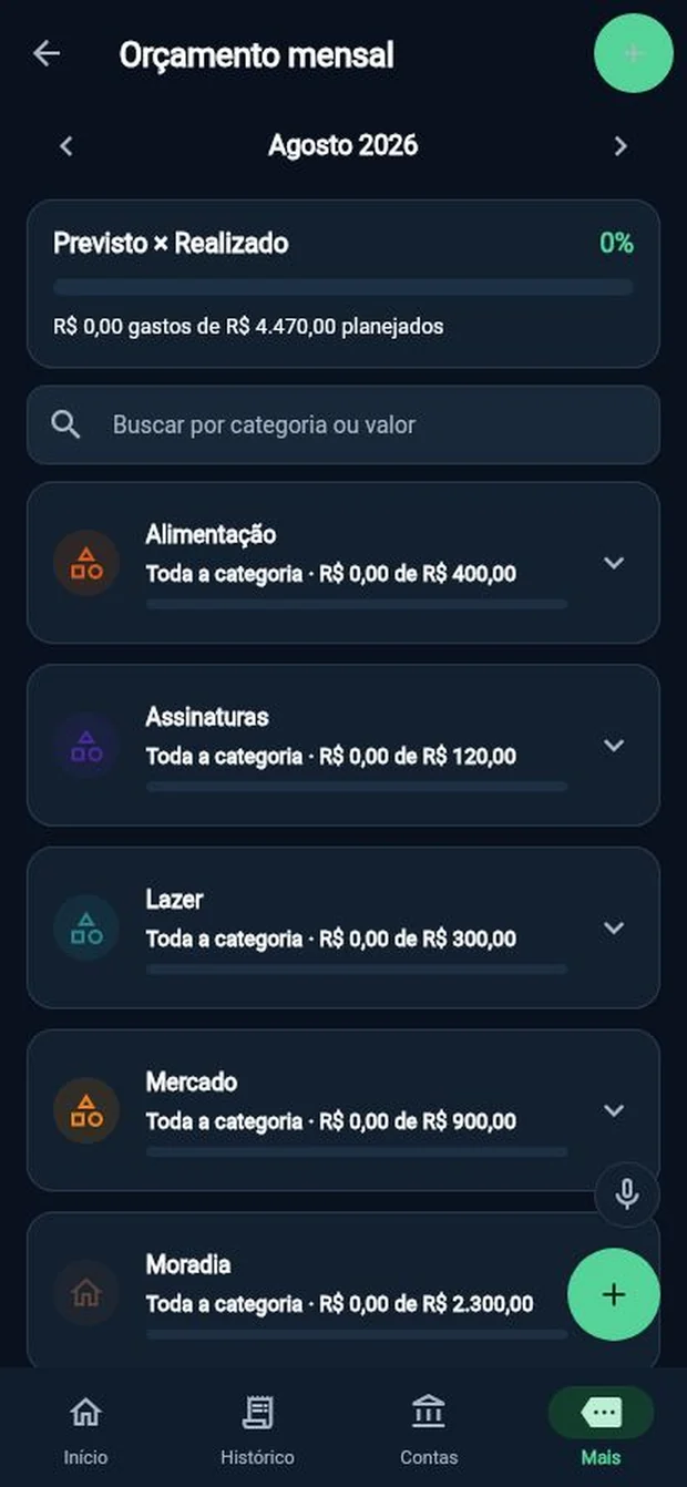 Orçamento mensal organizado por categoria