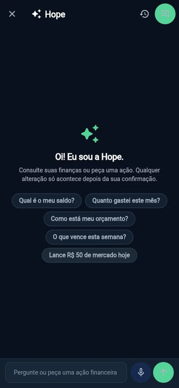 Assistente Hope pronta para receber uma pergunta financeira